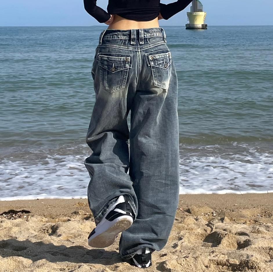 Women's Spring and Autumn Vintage Old Wide Leg Jeans Personalized Mid Waist Drag Floor Trousers