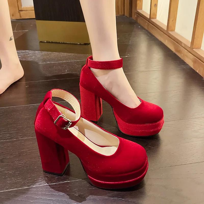 Fashion Hot Selling Mary Janes Shoes Women Suede Luxury High Heel Lace Up Trend Lolita Shoes Elegant Chunky Party Pumps Zapatos De Mujer