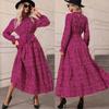 Spring and Summer Women's Casual Printed Stand-collar Ruffled Long-sleeved Lace-up Waist Dress
