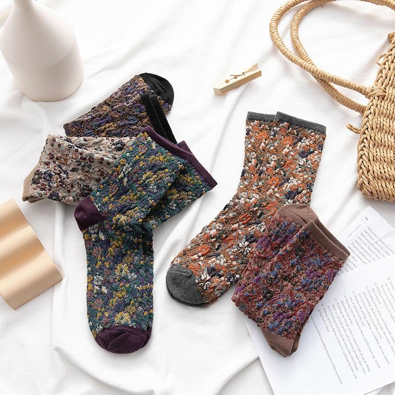 Winter Warm Flower Vintage Socks Women Korean Ins Fashion Kawaii Harajuku Mori Girl Socks Skarpetki Kobieta Femme Chaussettes