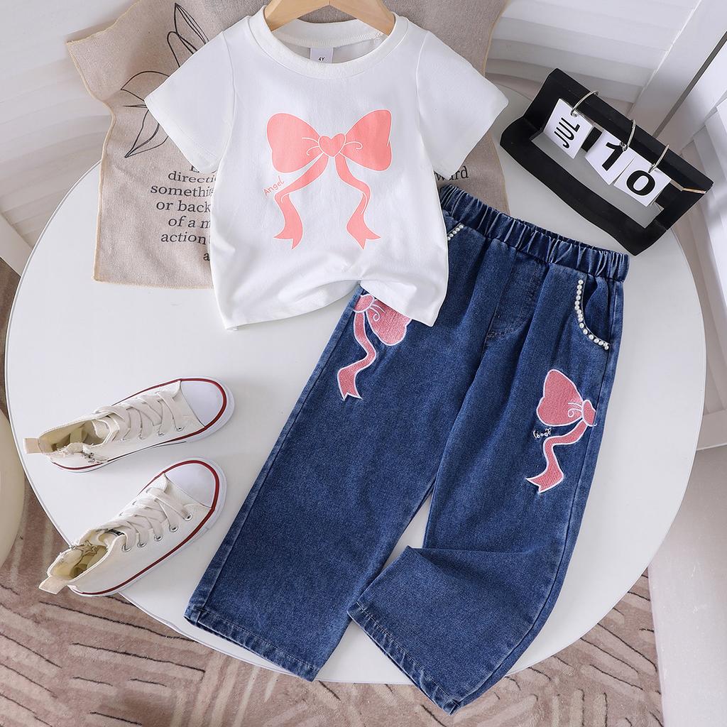Girls' Fashion Set: Summer Children's Bow Print Short-sleeved T-shirt + Denim Trousers