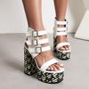 2025 Heel Printing Stage Shoes Ultra High Thick Heel Platform Three Row Belt Buckle Peep Toe Shoes Fashion Party Women's Sandals