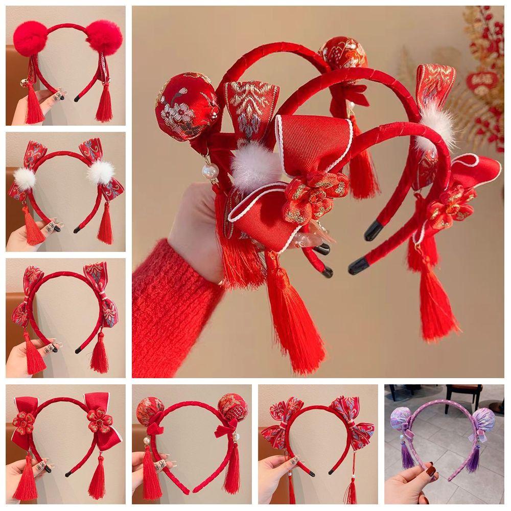 Tassel Hanfu Hair Bun Hair Hoop Plush Ball Red Hairband Simple Chinese New Year Headwear Children