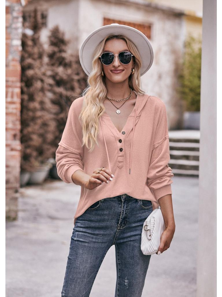 2024 New Autumn Winter Hooded Sweatshirts Women Fashion Buttons V-neck Long Sleeve Pullovers Ladies Casual Loose Hoodies