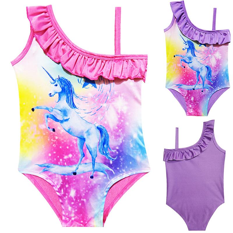 Girl Bathing Suit Unicorn 3d Cartoon Printed Ruffle One Piece Monokini Children Beach Party Swimwear