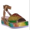 Spring and Summer New Large-size Muffin Women's Sandals Wind Multi-colored Rhinestone Thick-soled Buckle One-word Sandals Women