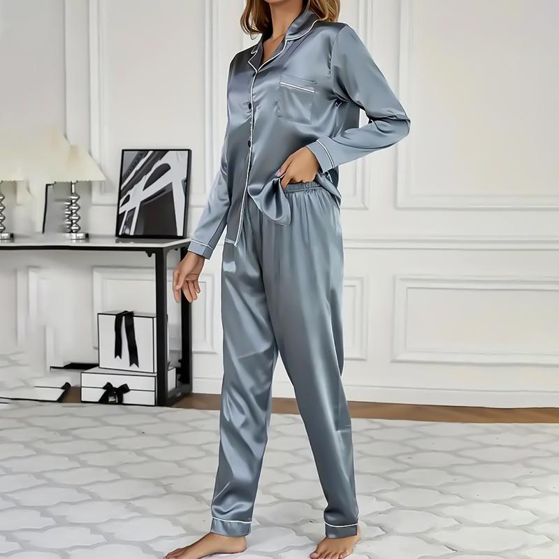 Women's Sleepwear Simple Satin Pajama Set Long Sleeve Buttons Lapel Top with Elastic Pants Loungewear Nightwear