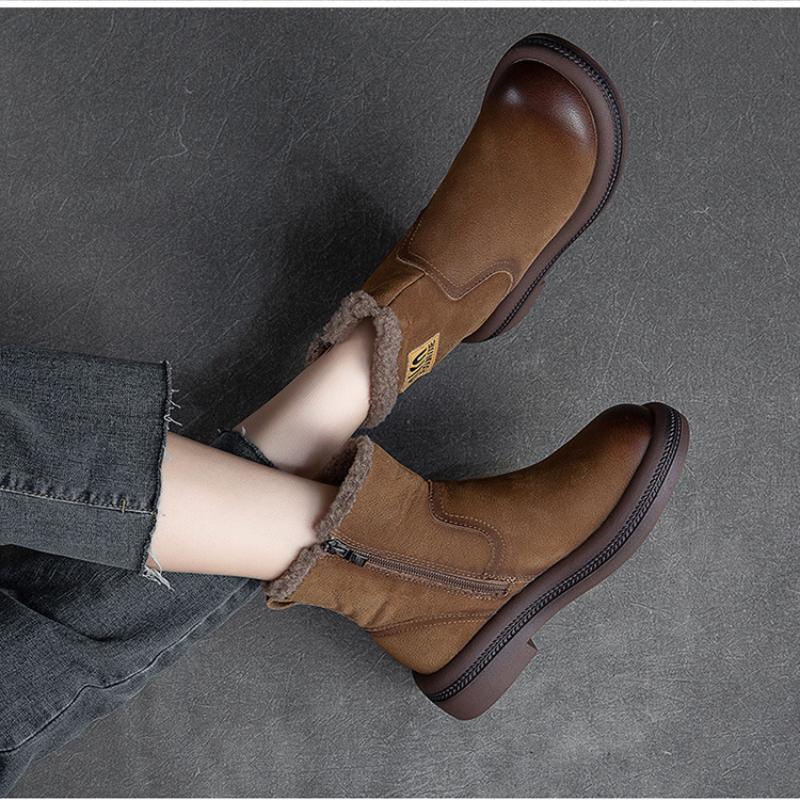 Winter Plush Warm Short Boots Retro Comfortable Genuine Leather Solid Color Versatile Women's Shoes