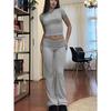Casual Workout Two Piece Outfits for Women Crew Neck T-shirt and Low Rise Flare Pants Tracksuit Sets Streetwear