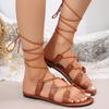 Women's Sandals Lace Up Single Shoes 2024 Summer New Hot Selling Outdoor Fashion Roman Clip Toe Open Toe Women's Flat Shoes