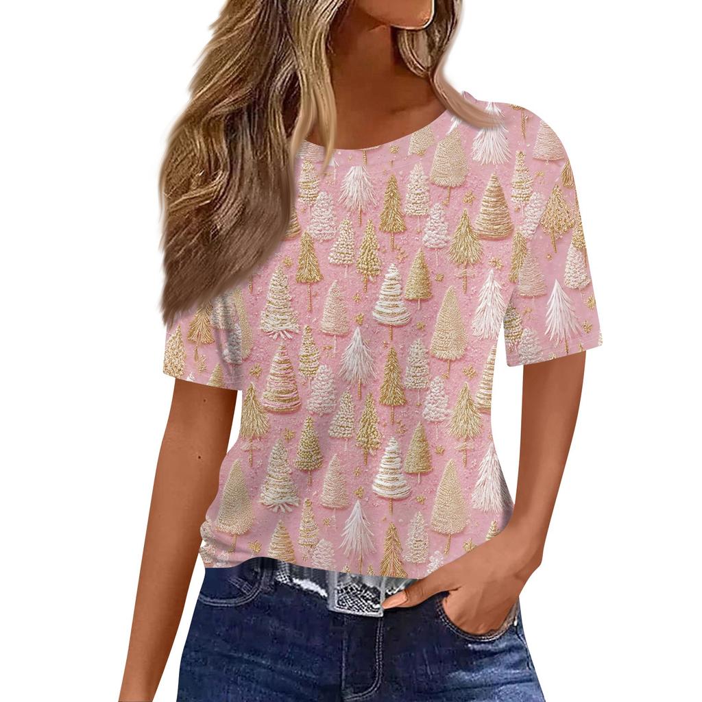 Women's Fashionable Casual Short Sleeve Christmas Print Round Neck Pullover Top
