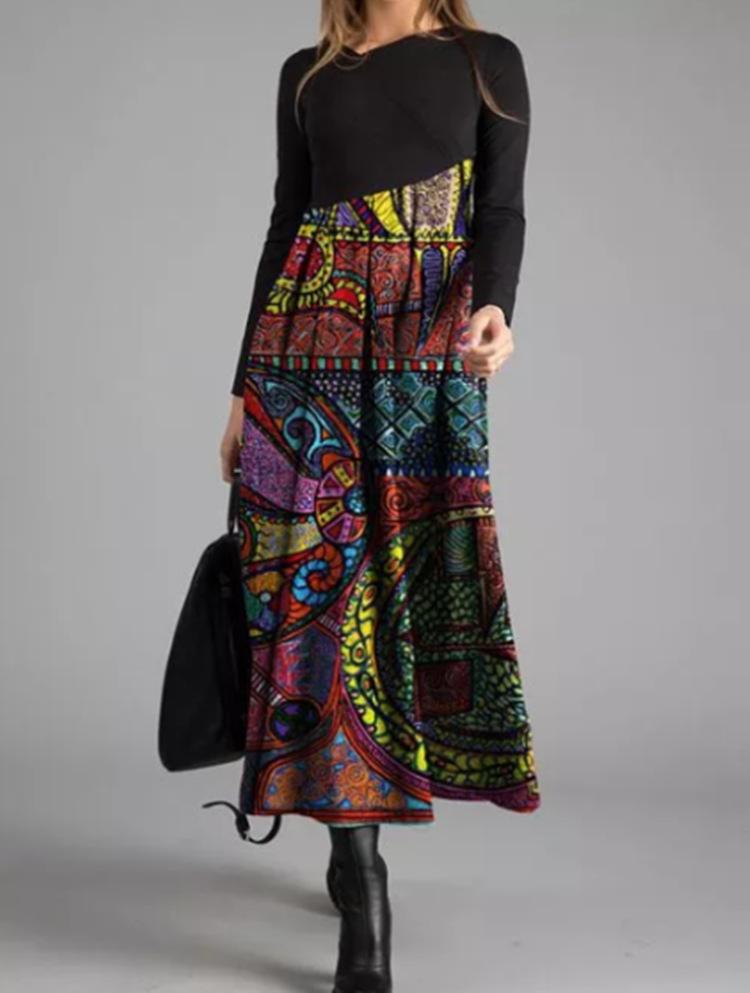 Women's Long Sleeve Black Top with Printed Maxi Skirt Dress, Bohemian Floral Geometric Pattern, Multiple Color Options