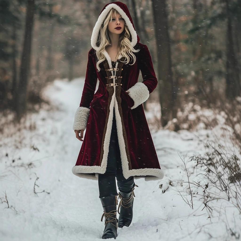 2025 Flared Sleeve Long Retro European Style Hooded Fur-Integrated Jacket Coat