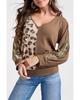 Azura Exchange Brown Leopard Splicing Waffle Knit V Neck Top
