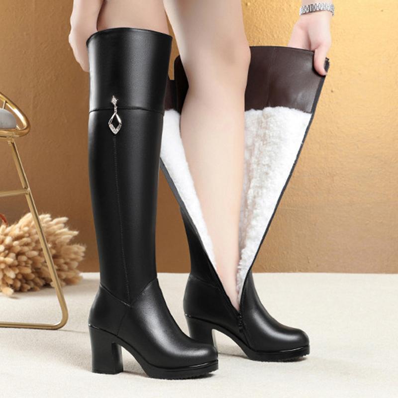 Women's Over The Knee Boots Natural Wool Genuine Leather Women Winter Boots Warm High-heel Women Motorcycle Boots