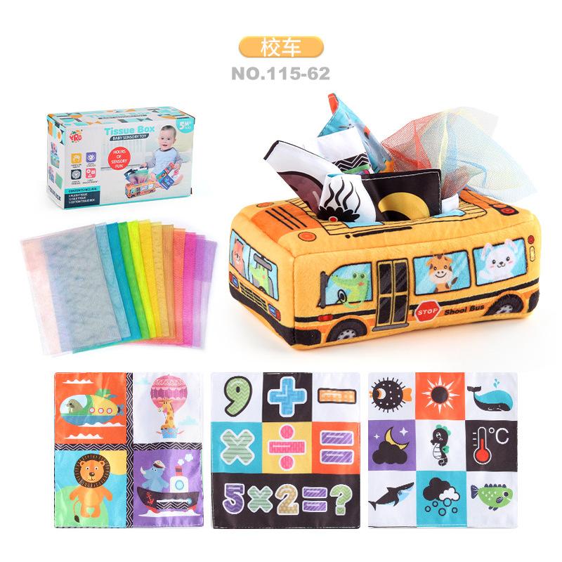Baby Puzzle Early Education Cloth Book Toy Box Baby Ring Paper Cloth Book Simulation Train School Bus Can'T Be Torn And Drawn Tissue Box