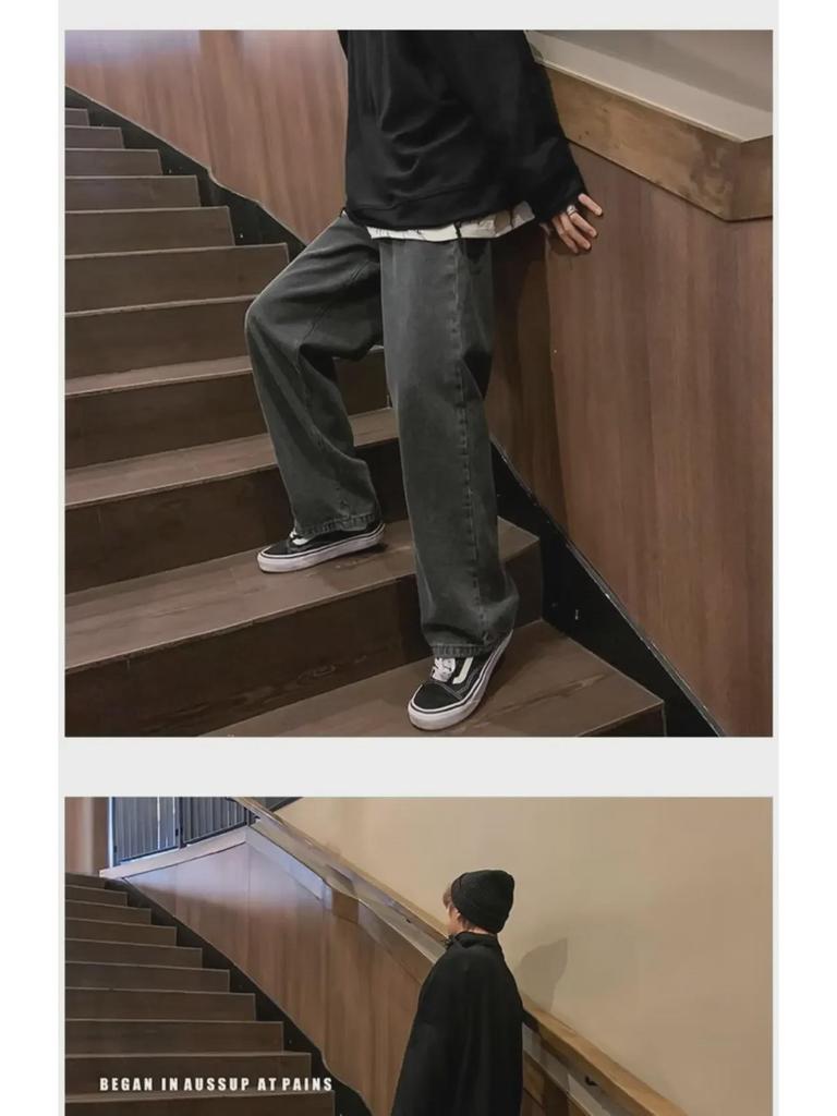 Men's Black Wide-Leg Retro Straight Jeans - New Autumn Trend, Loose-Fit, Large Sizes Available.