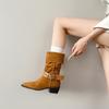 Suede Retro Mid-tube Pointed Boots 2025 Autumn Belt Buckle Knight Booties Mid-heel Pleated Western Cowboy Pile Boots