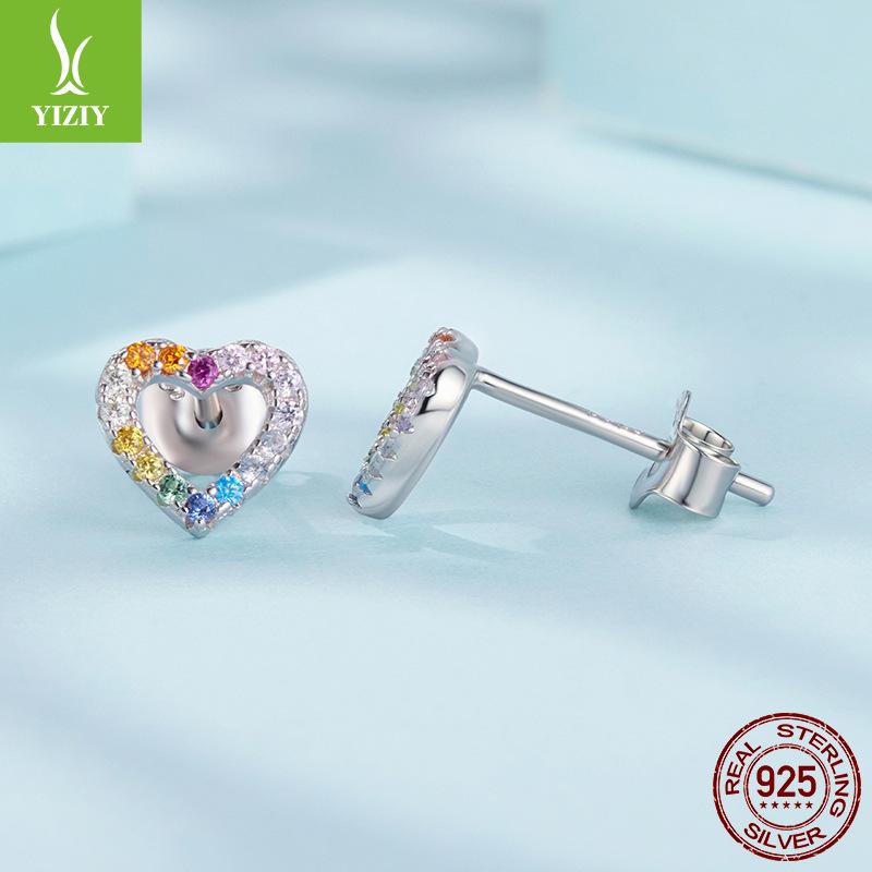 Colorful Zircon Love Stud Earrings Women'S Fashion Light Luxury S925 Sterling Silver Heart Stud Earrings