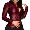 Women Shirt Solid Color Slim Faux Leather Cool V Neck Blouse for Daily Wear