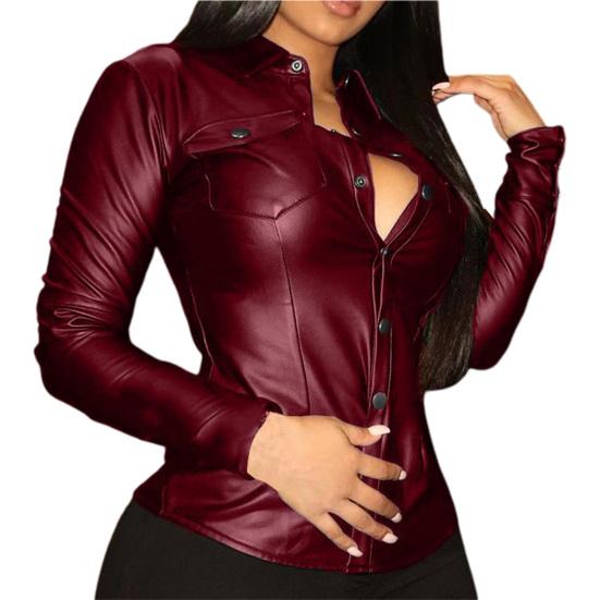 Women Shirt Solid Color Slim Faux Leather Cool V Neck Blouse for Daily Wear