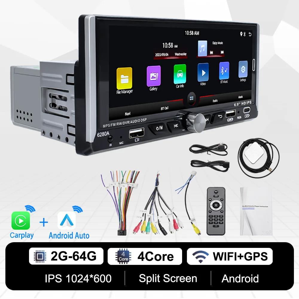 6.9'' Touch Screen 1Din Universal Car Radio Wireless Carplay Android Auto Smart Multimedia Player Wifi Navigation GPS FM Stereo