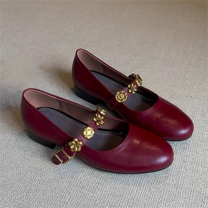 Metal Buckle Genuine Leather Women Mary Jane Shoes Women's French Shallow Mouth Single Shoes Low Heel Temperament Ballet Shoes