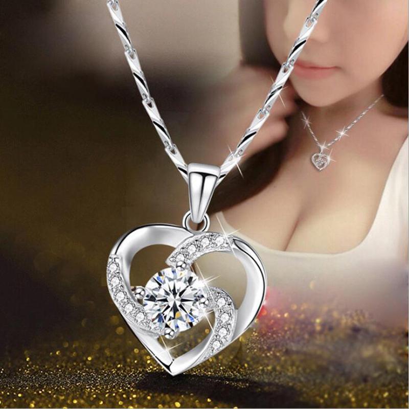 New Luxury Crystal CZ Heart Pendant Necklace Necklace Original 925 Silver Chain Necklace Women Jewelry