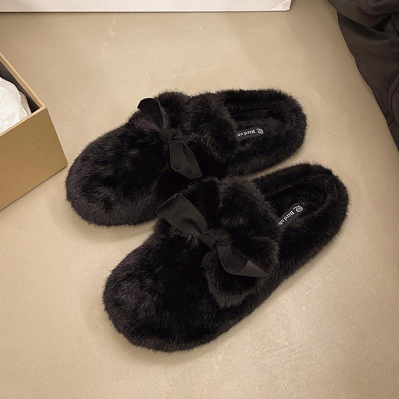Fashion Aphixta Cute Butterfly Knot Design Solid Color Indoor Slipper Soft Warm Women Furry Mule Shoes Flat With Anti-skip Women Shoes