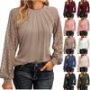 Women's Fashionable Long Sleeve Tops Lace Ruched T-Shirt Solid Round Neck Blouses Casual Top