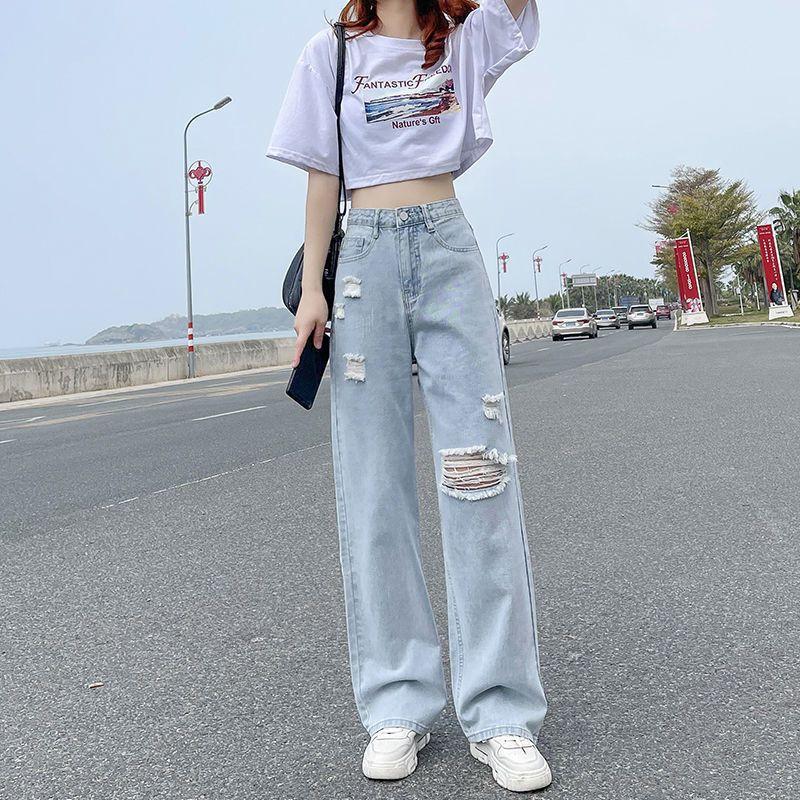 Summer High Waist Ripped Straight Jeans Women Loose Fit Thin Stretchy Wide Leg Comfort Trendy Pants