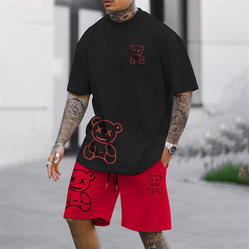 2025 Summer New Men's Short Sleeved Shorts Set Fashion King Printed T-shirt Shorts 2 Sets Casual Round Neck Jumping Breathable S