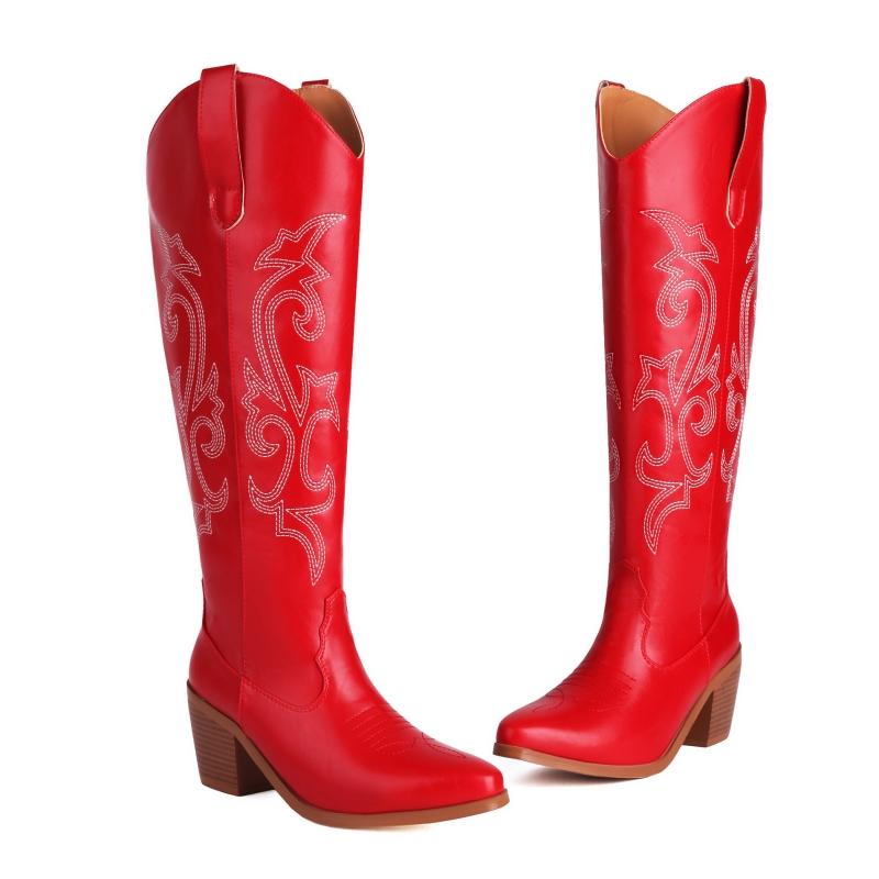 Western Women's Winter Knee High Boots Fashion Embroidery Cowboy Cowgrils Boot Wedges Heel Red Party Shoes Ladies Large Size 45