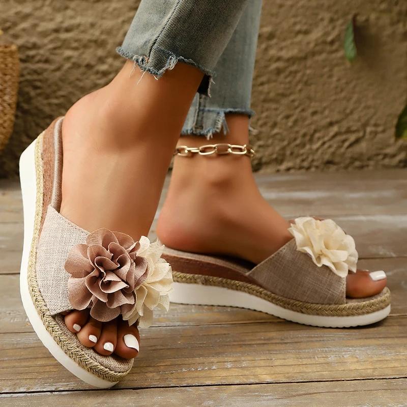 Mix Color Flower Wedge Sandals for Women Summer 2025 Fashion Platform Slippers Woman Lightweight Non Slip Beach Sandalias Mujer