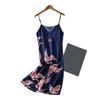 2 Pcs/Set Women Ice Silk Pajama Set Satin Printed V Neck Spaghetti Strap Loose Nightdress Half Sleeve Lace-up Waist Nightgown Lady Sleepwear