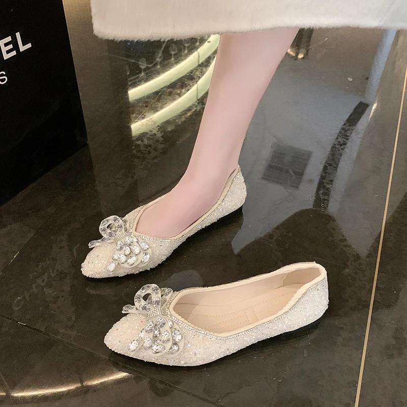 Spring Woman Elegant Square Toe Sequins Kawaii Ballet Flats Barefoot Designer Luxury   Female Shoes Party