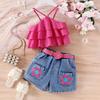 Girls Fashion Suit Summer Kids Casual Halter Floral Print Shorts with Belt Suit