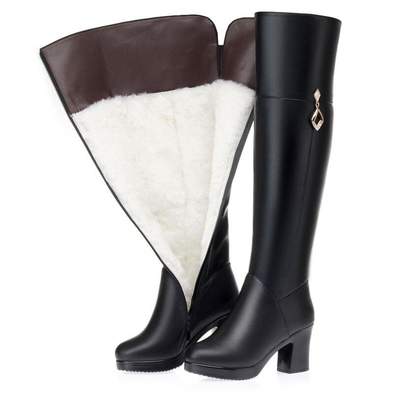 Women's Over The Knee Boots Natural Wool Genuine Leather Women Winter Boots Warm High-heel Women Motorcycle Boots