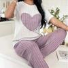 "Women's Autumn Sweet Love Pajama Set: Round Neck, Short Sleeve & Trousers - Comfy 2-Piece Homewear"