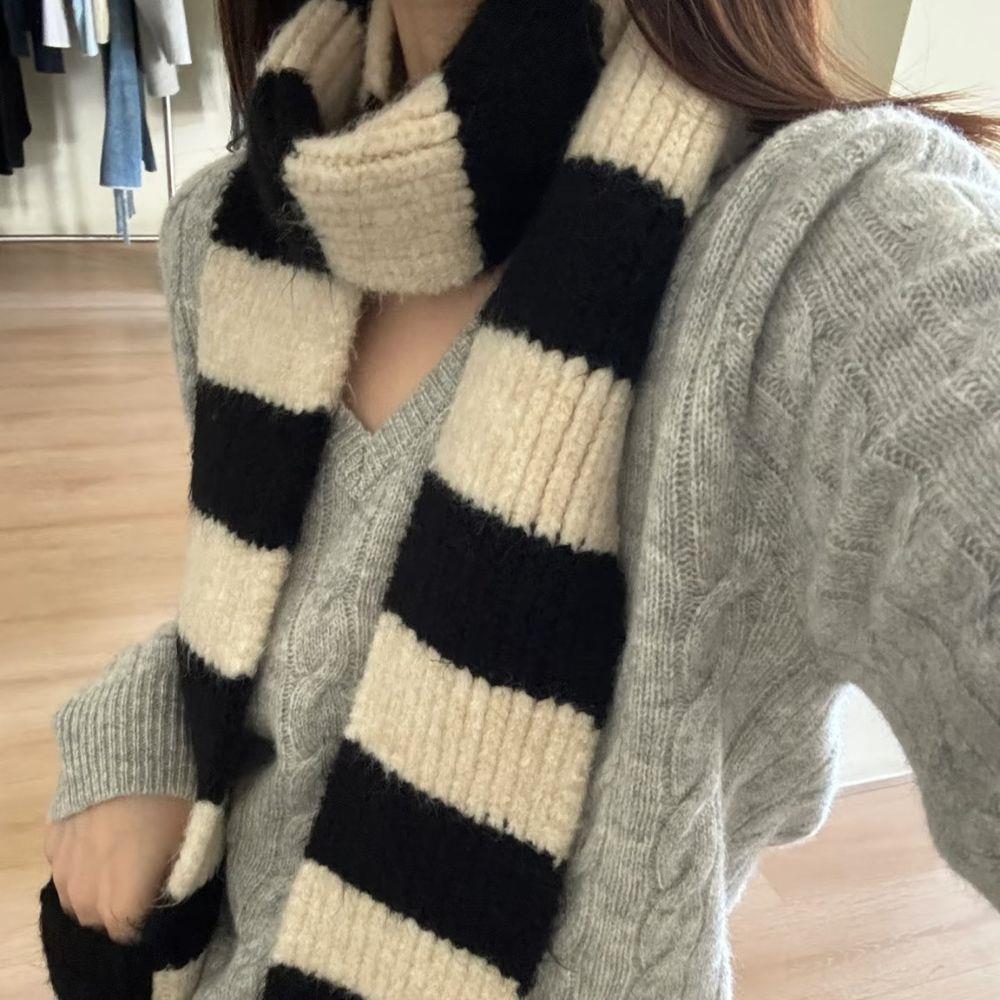 Black White Stripe Wool Knitted Scarf Women Winter Korean Thick Warm Y2k Scarf Fashion Harajuku Knitted Scarf Christmas Gift