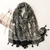 New Soft Balinese Cotton And Hemp Texture Scarf Black Blue And White Porcelain Tassel Travel Sunscreen Shawl Silk Scarf For Women