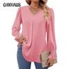 Women's Solid Colour Chiffon Sweater V-Neck Pullover Flared Long Sleeve Blouse Blouse