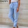 Women's Summer Elastic Waist Pocket Wide Leg Trousers Nine Points Pants