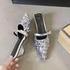 French Pointed Head Thick Heel Bag Head Half Slippers Fashionable Outer Wear Muller Shoes Sequined Single Shoes Women's Spring and Autumn 2025 New