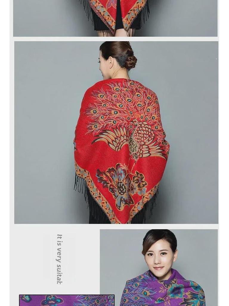 Lijiang Ethnic Style Double-Sided Phoenix Jacquard Cashmere Shawl and Scarf for Women