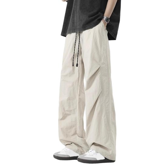 Men's Baggy Trousers Spring Summer Drawstring Waist Cargo Pants Solid Color Wide Leg Trousers