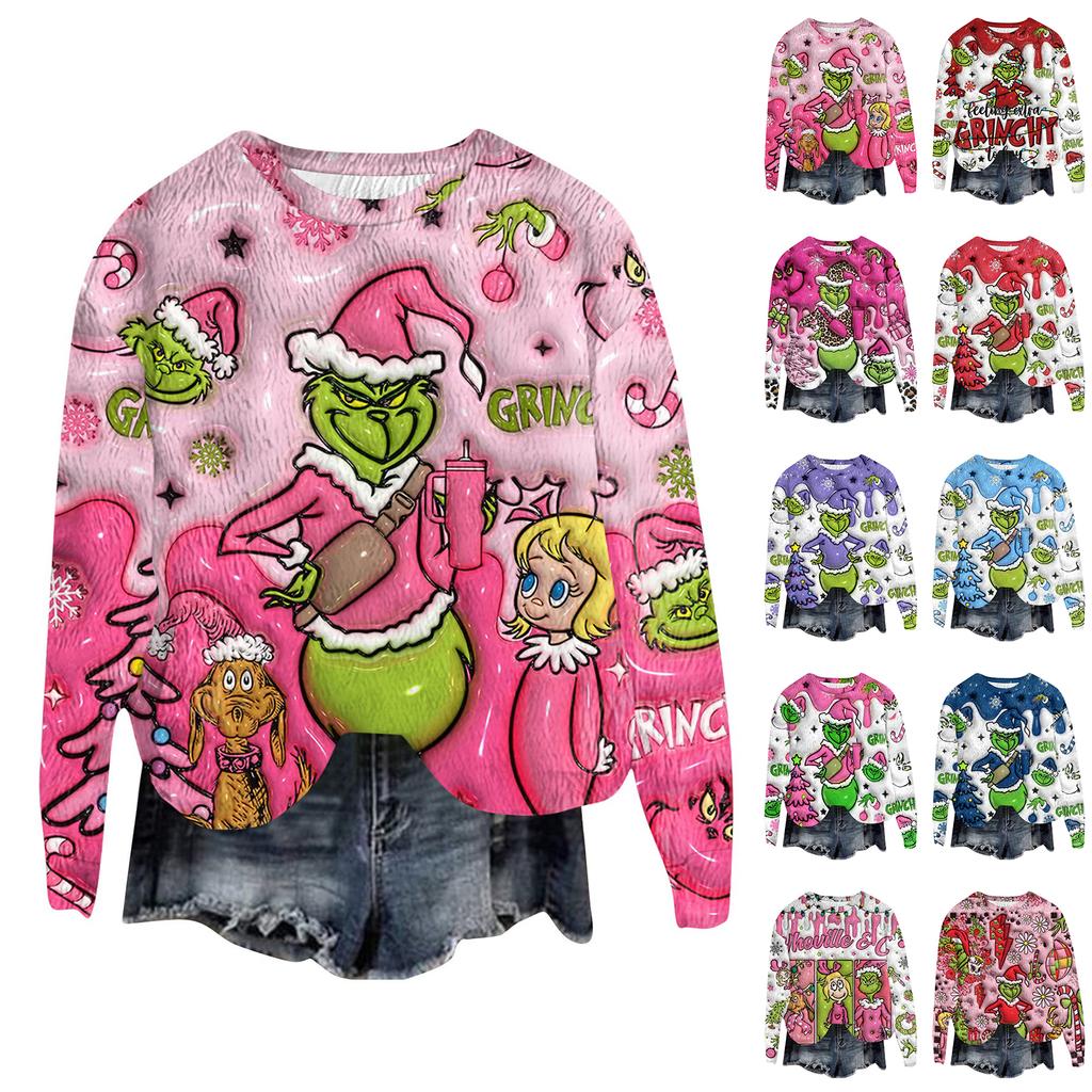 Women's Fashion Round Neck Pullover Top Long Sleeve Tee Christmas Printed Sweatshirt