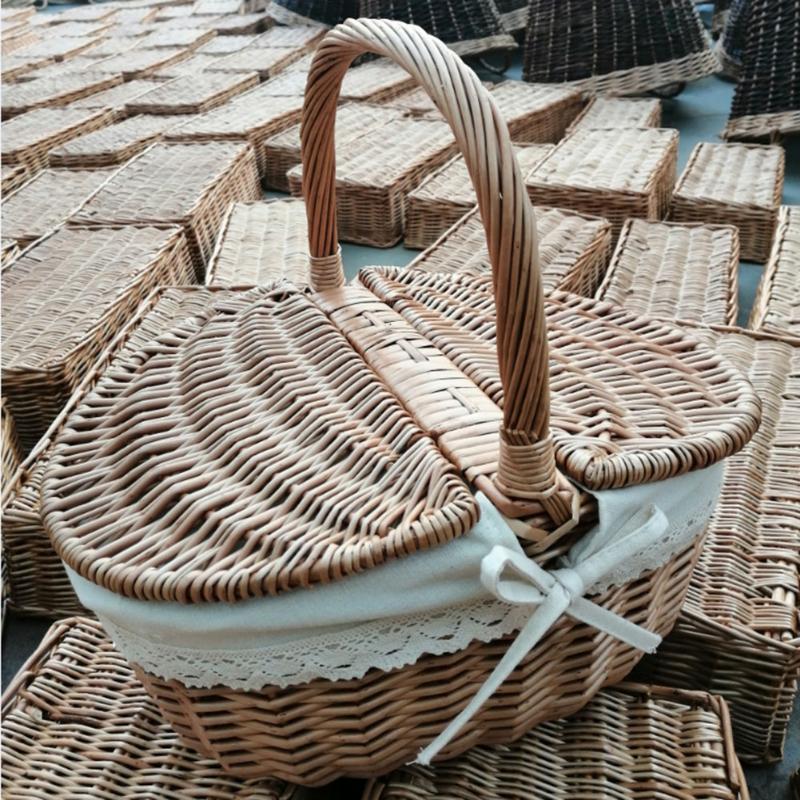 Handmade Large Wicker Basket Handle Picnic Bag Willow Woven Storage Hamper Double-Lid Camping Outdoor Fruit Holder Organizer