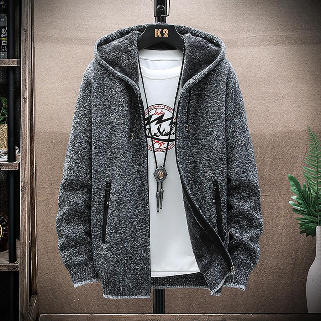Men's Fall And Winter Casual Sweater Jacket Warm Knit Sweater Hooded Hoodie