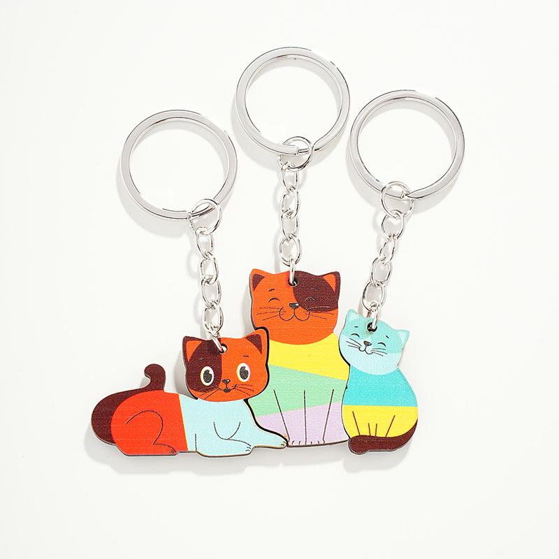 Cute Cartoon Animal Family Trio Wooden Puzzle Keychain Pendant